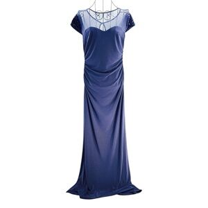 NEW Karin Stevens Navy Maxi Formal Sequin Ruched Sheer Neckline Dress, Size 6